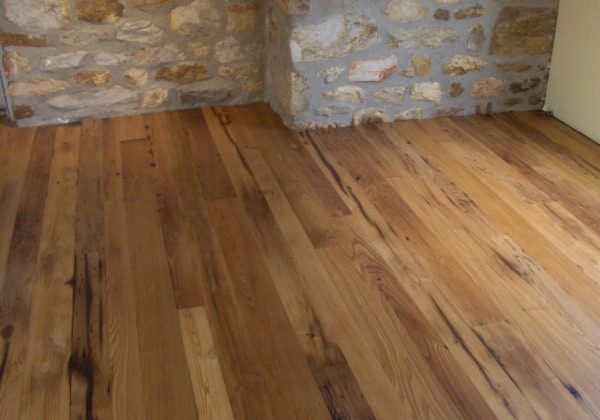 Chestnut flooring, remilled from barn timbers.